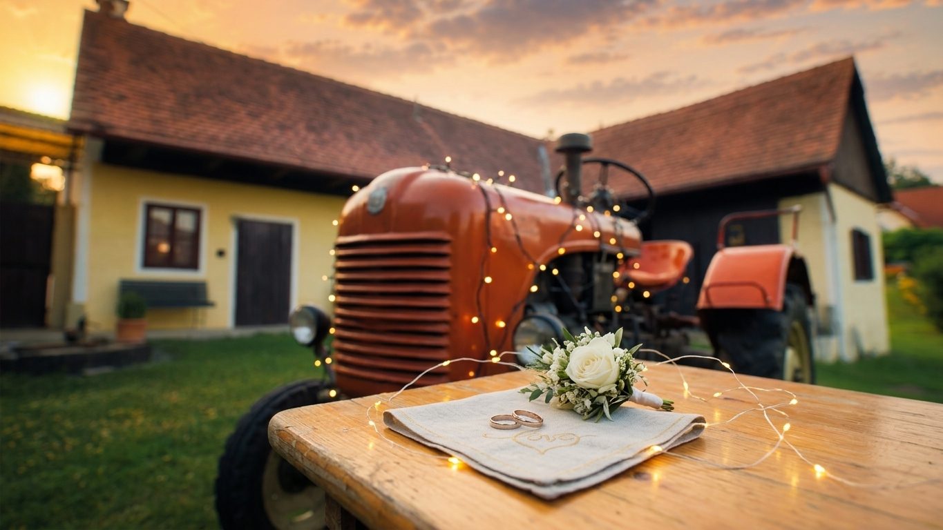 Traktor mit Lichterketten und Ringen im Sonnenuntergang